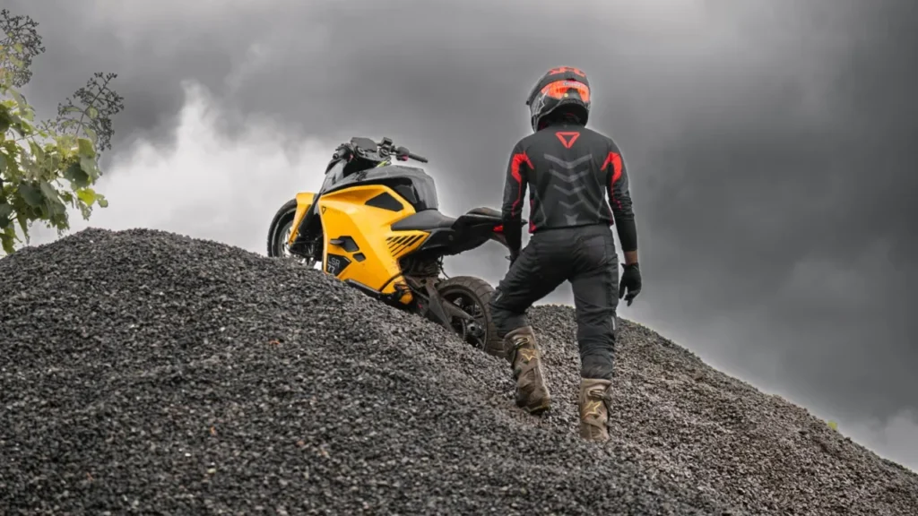 biker with yellow ultraviolette ev