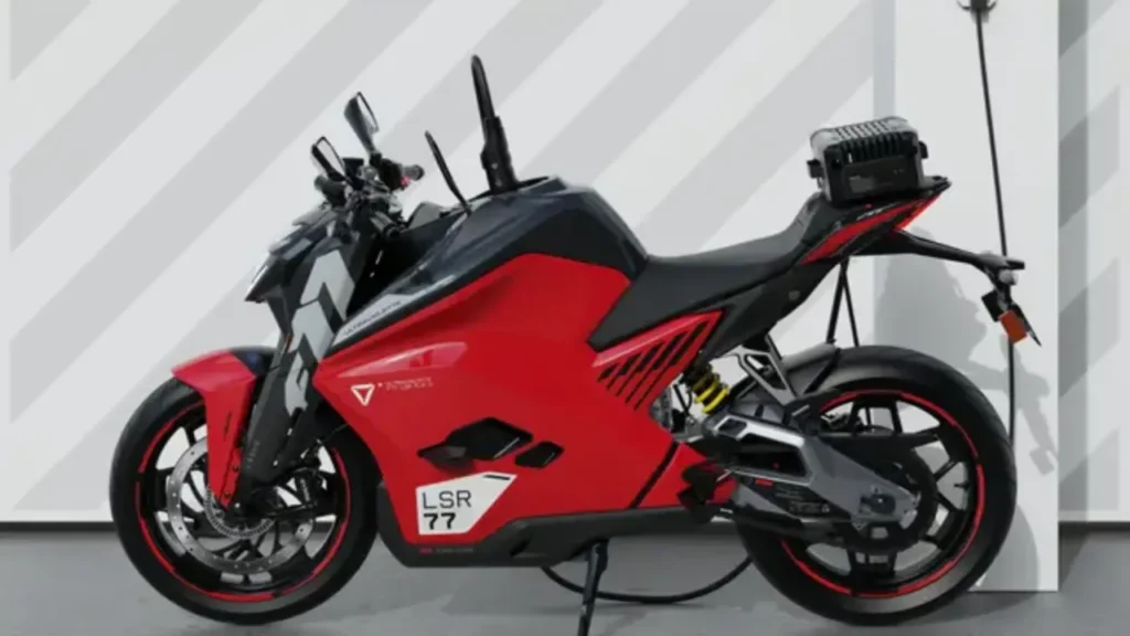 ultraviolette electric bike on display with charging cable